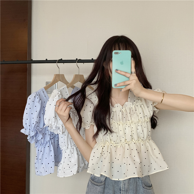Actual shot ~ Summer new design puff sleeve waist polka dot top for women