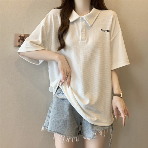 Real shot waffle POLO collar short-sleeved T-shirt women's summer loose half-sleeved T-shirt