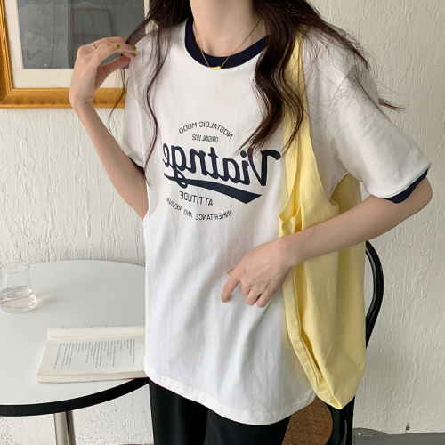 Actual shot of 200g pure cotton raglan back collar American retro print contrasting right shoulder short-sleeved T-shirt for women