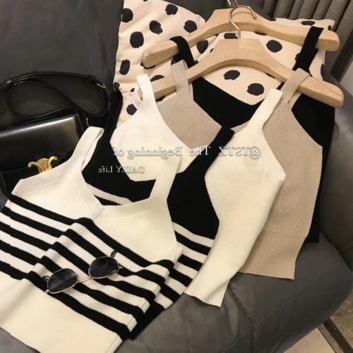 Sweet and Spicy Striped Knitted Suspenders Women's Summer Outerwear French Chic Short Style Super Hot Small Vest Sleeveless Top