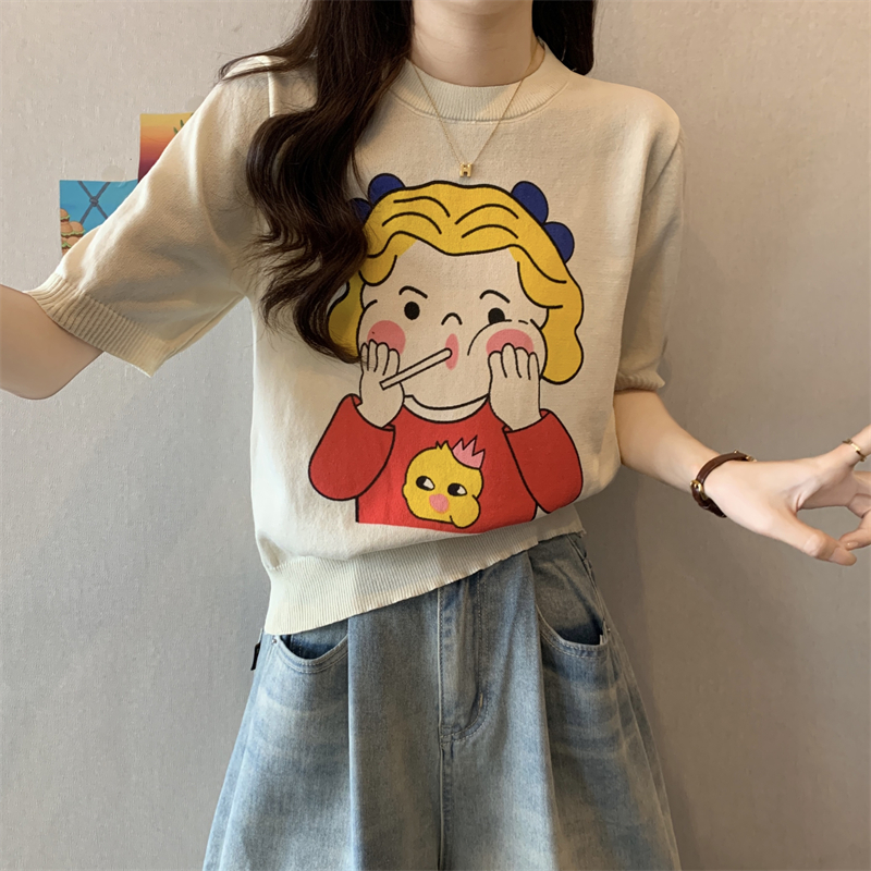 實拍 夏季新款可愛卡通印花短袖針織衫