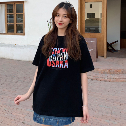 Real shot of pure cotton large size Korean style chic letter print inner short-sleeved T-shirt women's loose bottoming shirt trendy