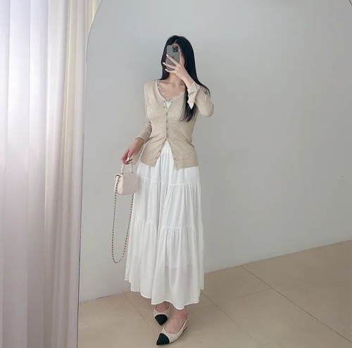 韩国chic高腰显瘦百搭拼接蛋糕裙雪纺半身裙