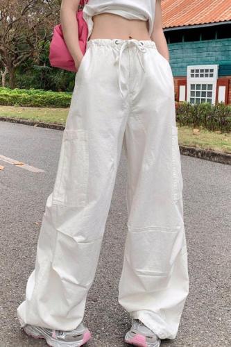 Real shot of American retro loose wide-leg pants with drawstring overalls, versatile and leg-binding casual pants, women's trendy trousers, extended