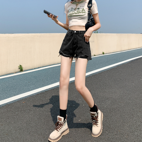 Casual high-waist raw edge slimming ripped and versatile denim shorts for women 2023 new spring and summer a-line wide-leg hot pants
