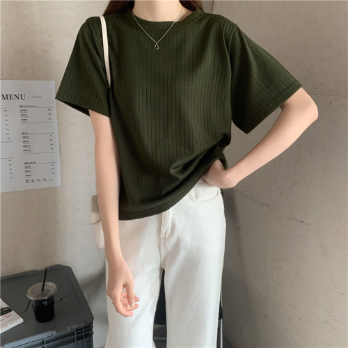 Actual shot of 2024 spring and summer six-color pit strips new versatile short-sleeved T-shirt for female students loose