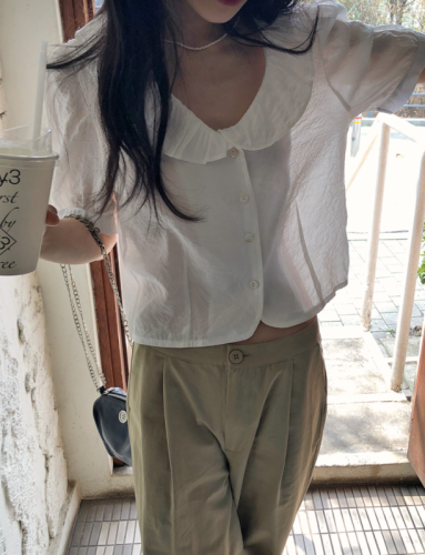 Korean ins summer wrinkled short-sleeved shirt for women single-breasted shirt