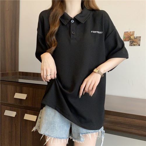 Real shot waffle POLO collar short-sleeved T-shirt women's summer loose half-sleeved T-shirt