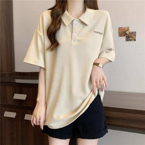 Real shot waffle POLO collar short-sleeved T-shirt women's summer loose half-sleeved T-shirt