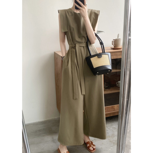 Real shot ~ Round neck sleeveless pleated solid color jumpsuit for women 2024 summer loose slimming wide leg trousers for women