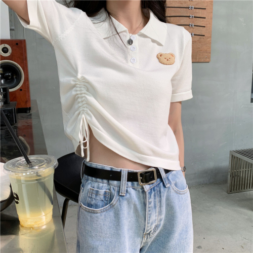 Official 6535# summer new t-shirt women's digital bear embroidered short-sleeved polo collar simple pullover POLO collar