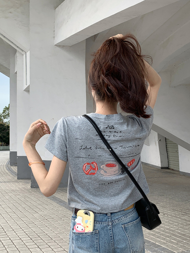 Original~real shot~right shoulder pure cotton short-sleeved T-shirt for women with printed back blouse