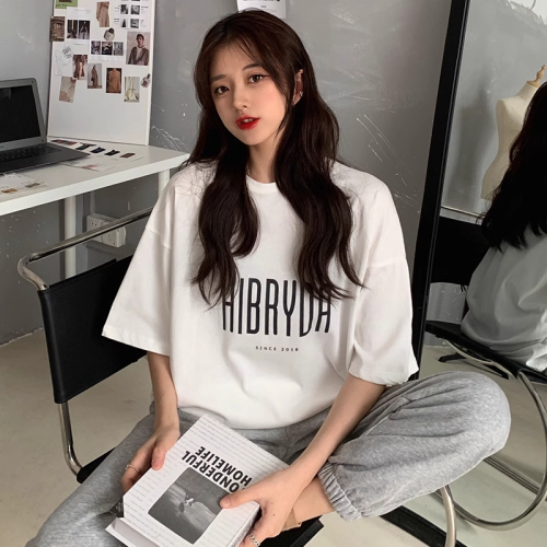 Actual shot of 100% cotton raglan back collar oversize mid-length loose letter short sleeve women's trend