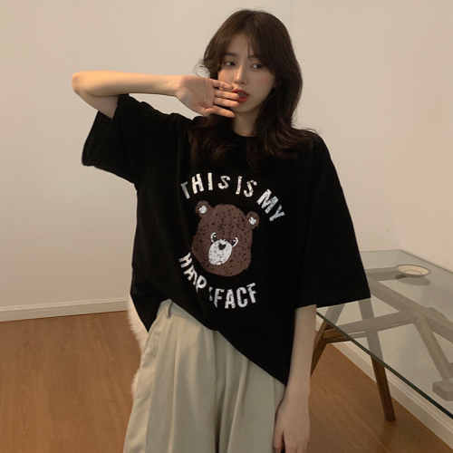 Real shot of pure cotton short-sleeved T-shirt new cute bear print loose pure cotton casual slimming Korean style top