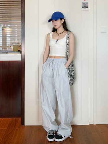 Extra thick washed summer Korean style ins overalls loose straight high waist slim casual sports pants wide leg pants for women