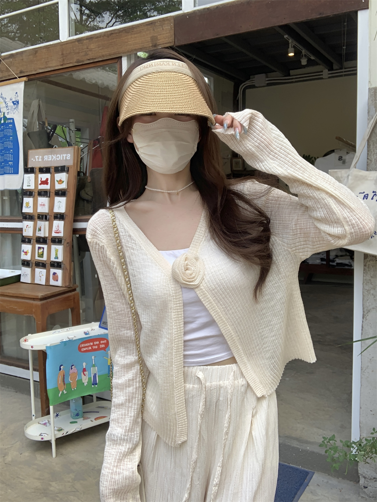 實拍 夏季韓版寬鬆甜美花朵開衫竹節棉長袖防曬針織上衣外搭