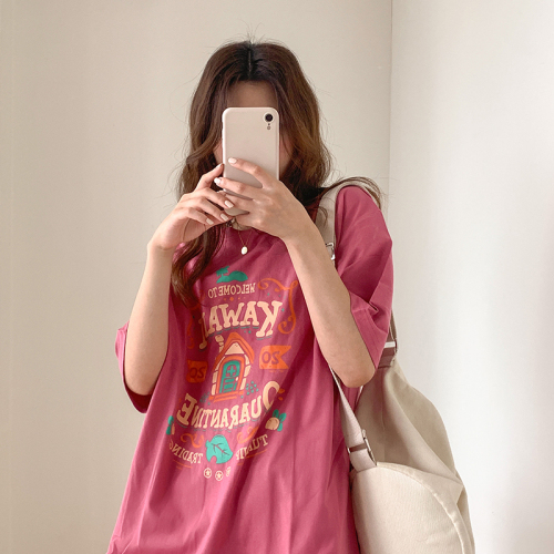 Actual shot of 100% cotton 2024 spring and summer new loose and versatile letter short-sleeved T-shirt for female students