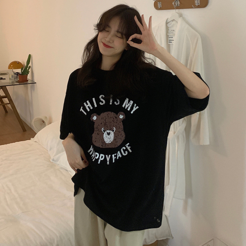 Real shot of pure cotton short-sleeved T-shirt new cute bear print loose pure cotton casual slimming Korean style top