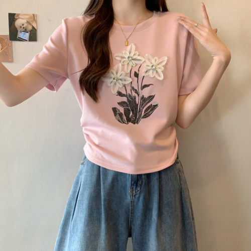 Real shot~Large size fat girl plate heavy industry flower pleats cover the flesh and look slimming T-shirt top