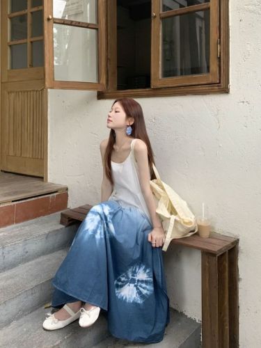 Real shot of holiday style suspender dyed plant blue dress for women, summer ethnic style mid-strap A-line long skirt