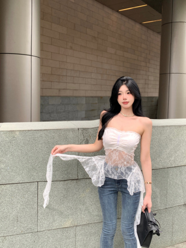 Actual shot of women's group lace tube top with fluttering hem lace top