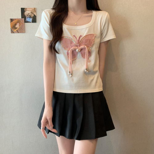 Real shot of large size new Chinese style heavy industry beading butterfly short-sleeved T-shirt new mid-length round neck half-sleeved top