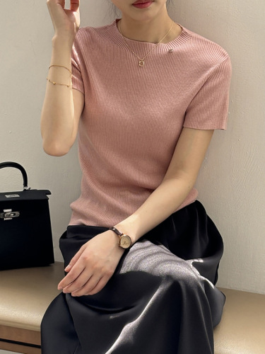 Real shot~Short versatile round neck solid color T-shirt for women 2024 summer new thin soft waxy knitted top