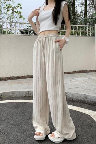Real shot of 2024 spring and summer new linen and cotton casual pants for women, loose striped drape drawstring elastic waist straight pants