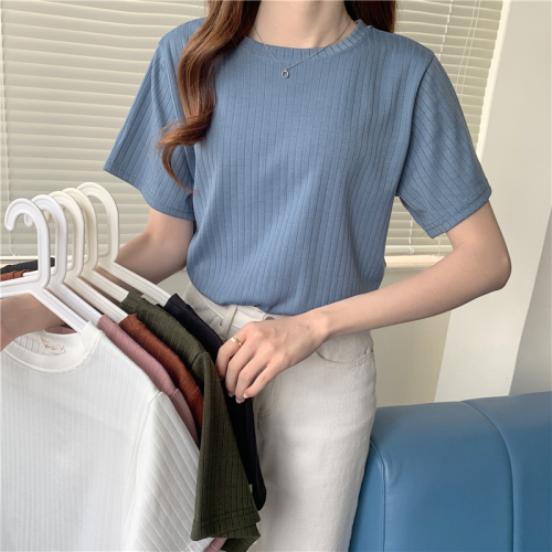 Actual shot of 2024 spring and summer six-color pit strips new versatile short-sleeved T-shirt for female students loose