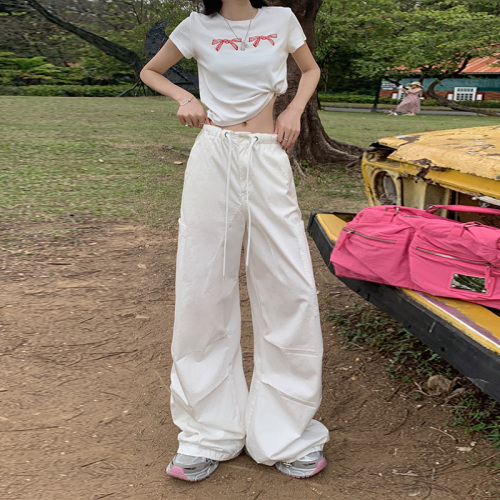 Real shot of American retro loose wide-leg pants with drawstring overalls, versatile and leg-binding casual pants, women's trendy trousers, extended