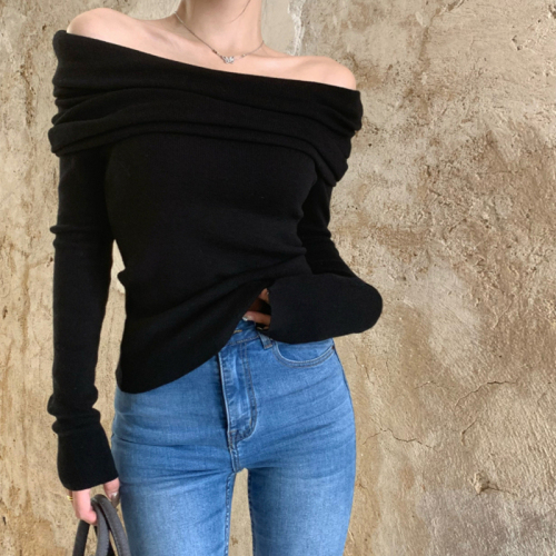 Off-the-shoulder long-sleeved bottoming shirt top for autumn women's pink gentle style short tight inner with one-line collar sweater