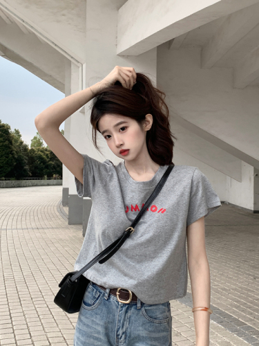 Original~real shot~right shoulder pure cotton short-sleeved T-shirt for women with printed back blouse