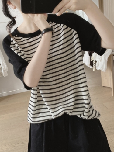 Striped t-shirt women's new summer style loose slimming simple basic round neck bottoming shirt thin knitted sweater top
