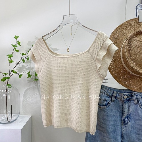 Fungus ruffle layered small flying sleeves exposed collarbone short-sleeved sweater for women summer retro chic design top