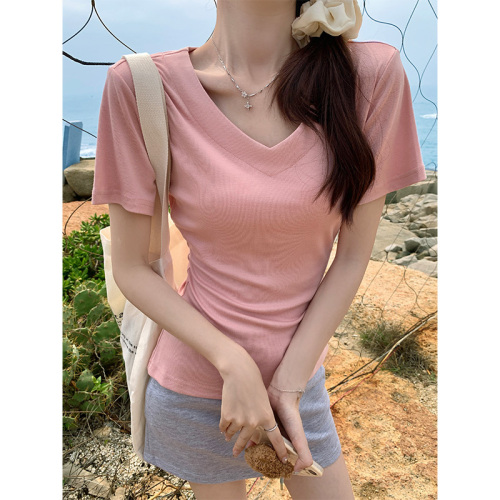 Real shot of pink V-neck right shoulder short-sleeved T-shirt for women in summer solid color basic versatile low-neck clavicle waist top