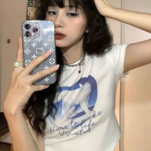 Jin Liang official picture 6535 stretch cotton summer new printed sweet short-sleeved hottie short slim fit T-shirt for women