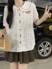 Real shot of sweet Japanese college style embroidered doll collar white shirt for women, cute age-reducing soft girl short-sleeved top