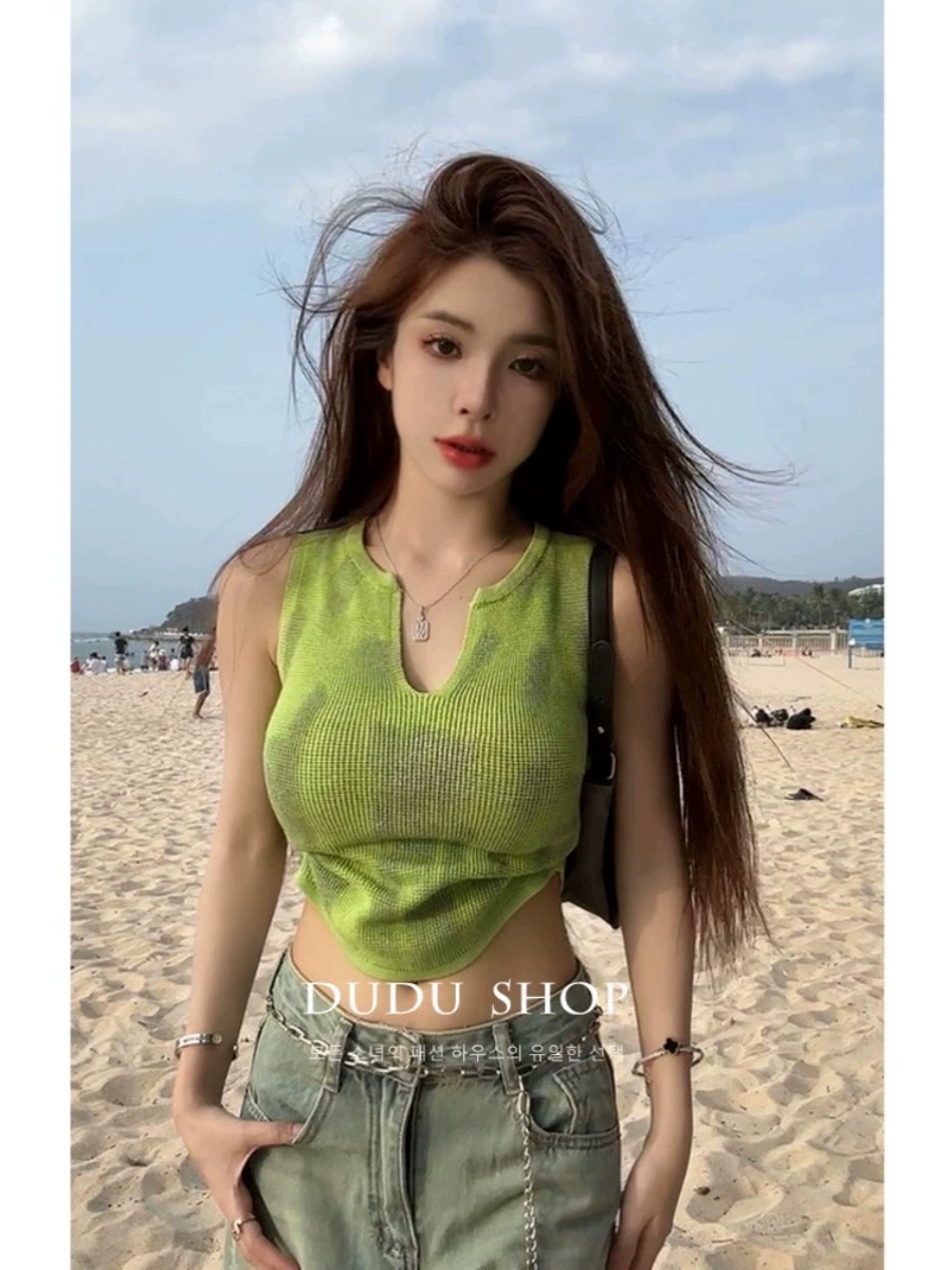 白色u領法式別致小背心女夏季款外穿無袖高級感短款熱辣上衣歐美
