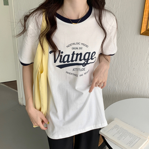 Actual shot of 200g pure cotton raglan back collar American retro print contrasting right shoulder short-sleeved T-shirt for women