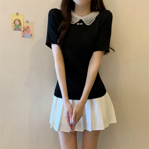 Actual shot of new lace doll collar short-sleeved ice silk sweater top