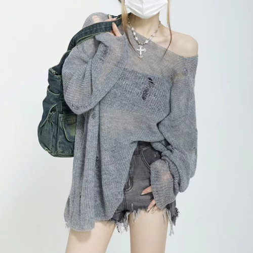 Lazy style design niche ripped sweater sweater for women autumn long-sleeved loose sun protection shirt pink top trendy