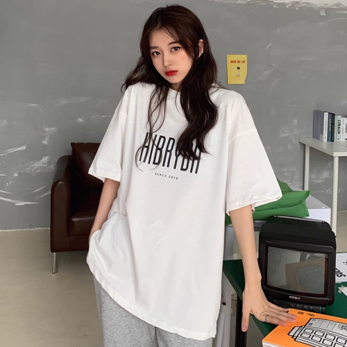 Actual shot of 100% cotton raglan back collar oversize mid-length loose letter short sleeve women's trend