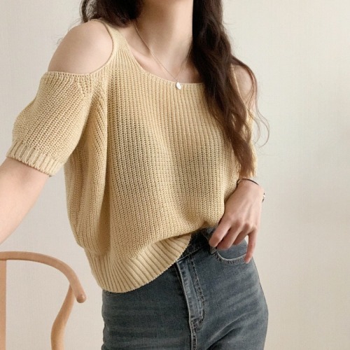 Gentle style off-shoulder short-sleeved sweater for women summer new style loose T-shirt sweet and spicy top