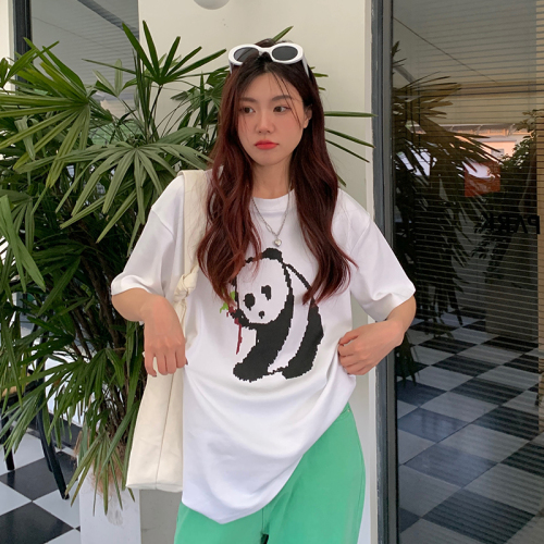 Real shot 100% cotton personalized panda print short-sleeved T-shirt for women