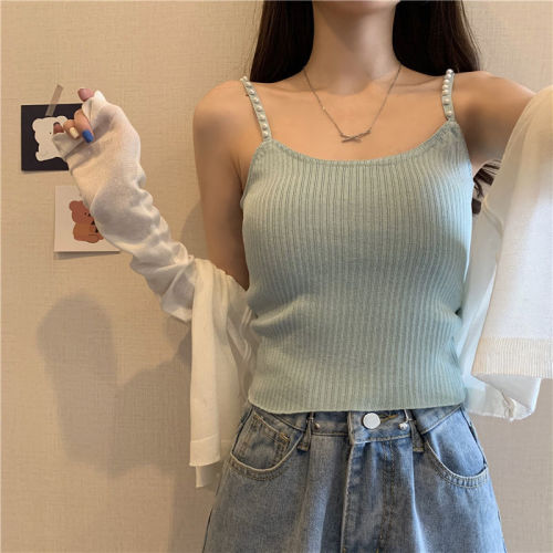 Hot girl pure lust style pearl camisole women's outer wear summer new style inner knitted slim tube top sleeveless top