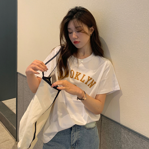 Actual shot of 200g pure cotton four-color pure cotton 2024 new summer short-sleeved female letters Korean version versatile T-shirt trend