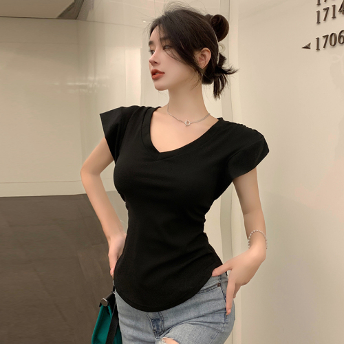 Real shot of V-neck T-shirt for women, summer design, irregular sleeveless vest, mid-length slim fit hot girl short-sleeved top