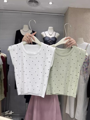 新款韩版2024年时尚春季十三行森系文艺波点针织无袖圆领背心上衣