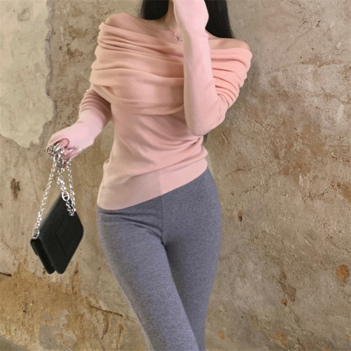 Off-the-shoulder long-sleeved bottoming shirt top for autumn women's pink gentle style short tight inner with one-line collar sweater