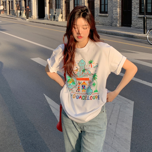 Actual shot of 100% cotton island print short-sleeved T-shirt for women loose Korean style student top